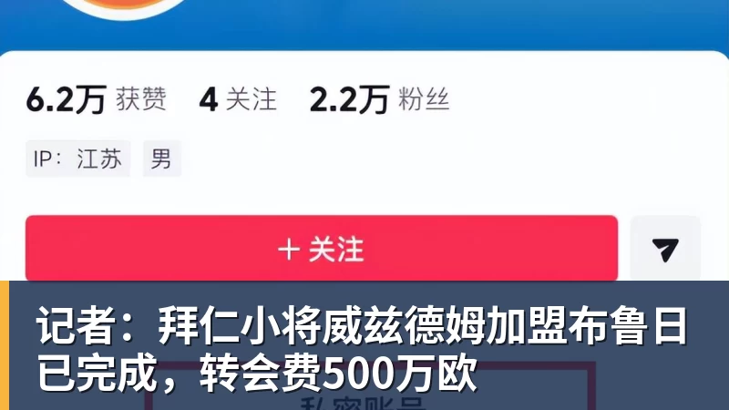 记者:拜仁小将威兹德姆加盟布鲁日已完成,转会费500万欧